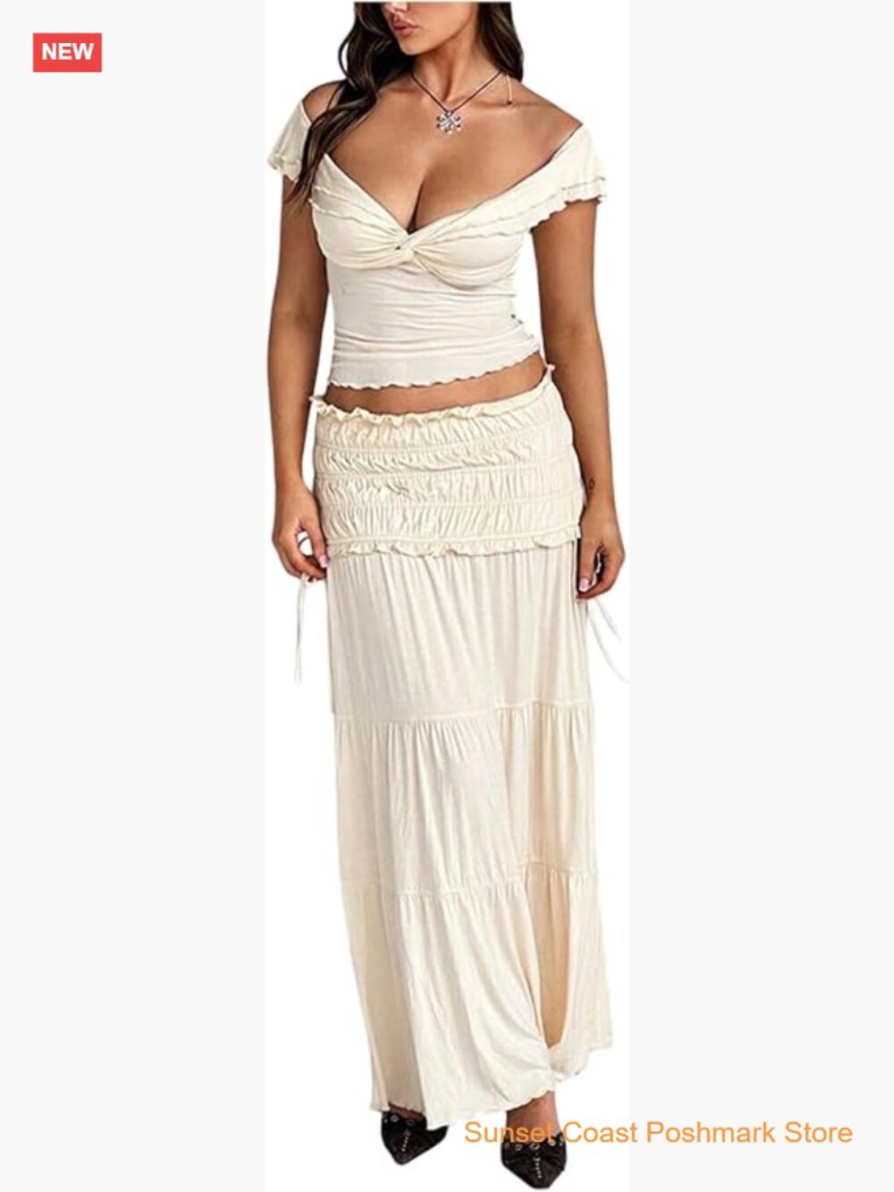 2 Piece Skirt Sets Twist Off Shoulder Crop Top Ruffle Maxi Skirt Vacation
